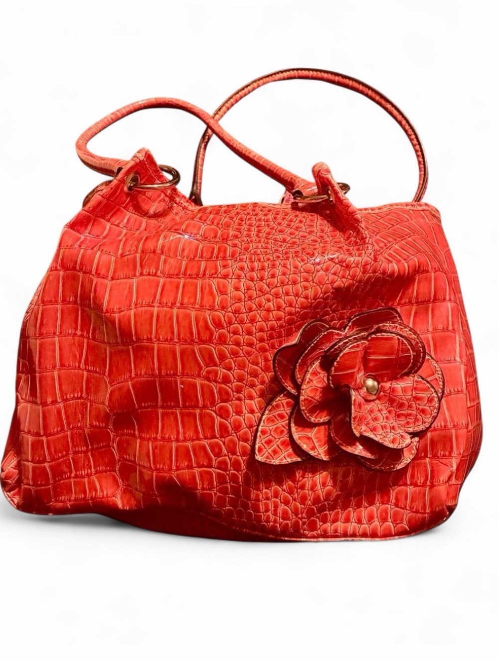Orange Floral-Appliqué Croc-Embossed Purse